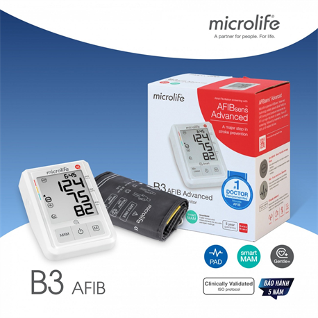 Máy đo huyết áp Microlife B3 AFIB cảnh báo đột quỵ-đời mới-Bảo hành 5 năm hư đổi mới