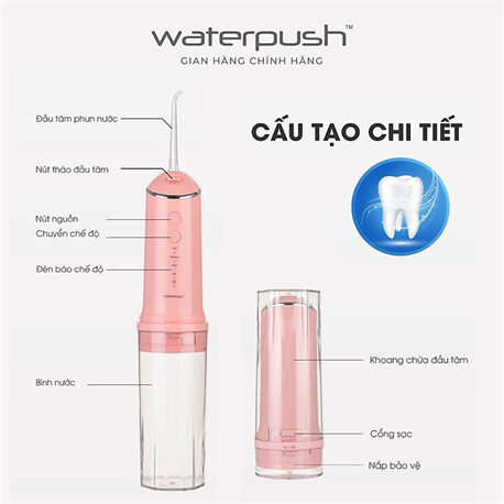 Máy tăm nước du lịch cao cấp WaterPush 1903 màu hồng - Bình chứa lớn 300ML